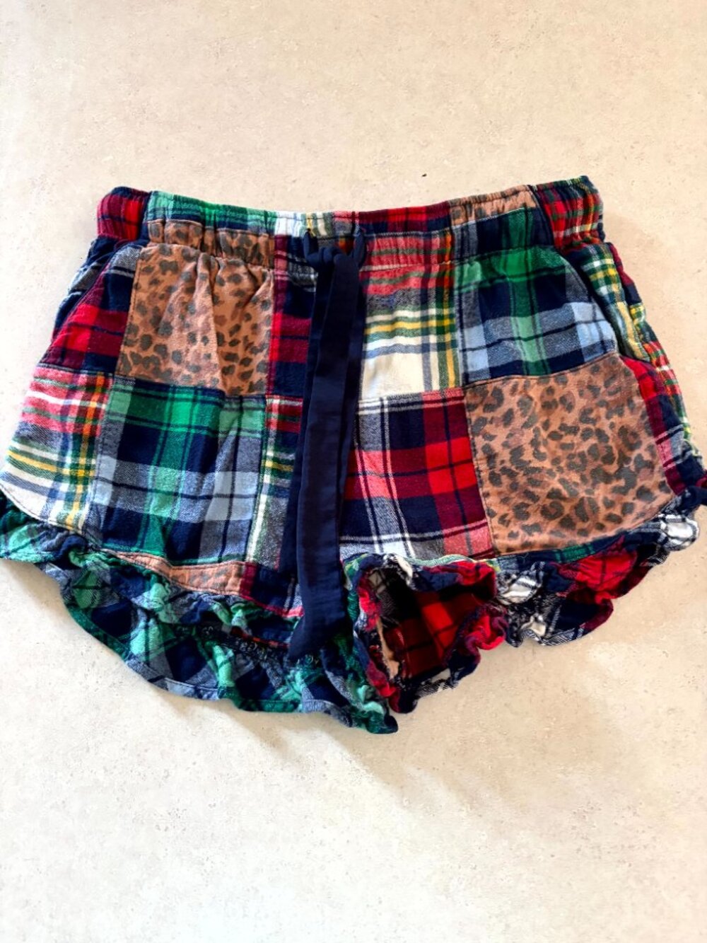 Aerie Small Patchwork Plaid Leopard Ruffle Pajama Shorts Cottagecore Boho Sleep